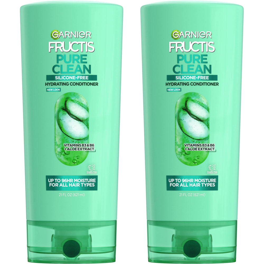 Garnier Fructis front packaging showing two 21 fl oz bottles and recyclable message