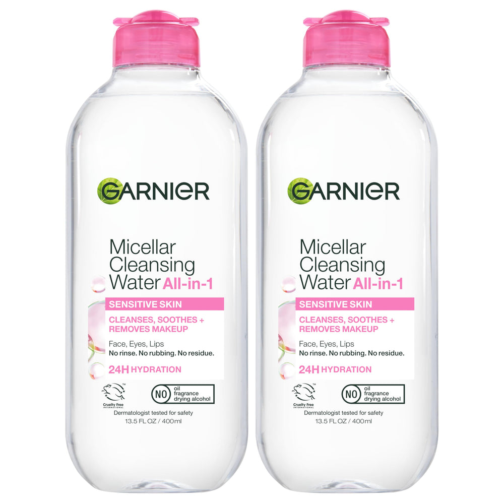 Garnier micellar water front packaging shows label and bottle, offering quick cleansing