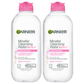 Garnier micellar water front packaging shows label and bottle, offering quick cleansing
