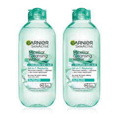 garnier micellar front packaging showing two bottles and benefits