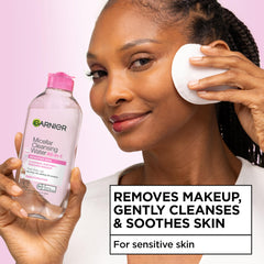 Garnier label close-up highlighting hyaluronic-like hydration and gentle formula benefits