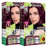 Garnier Nutrisse front packaging showing BR2 burgundy and kit benefits