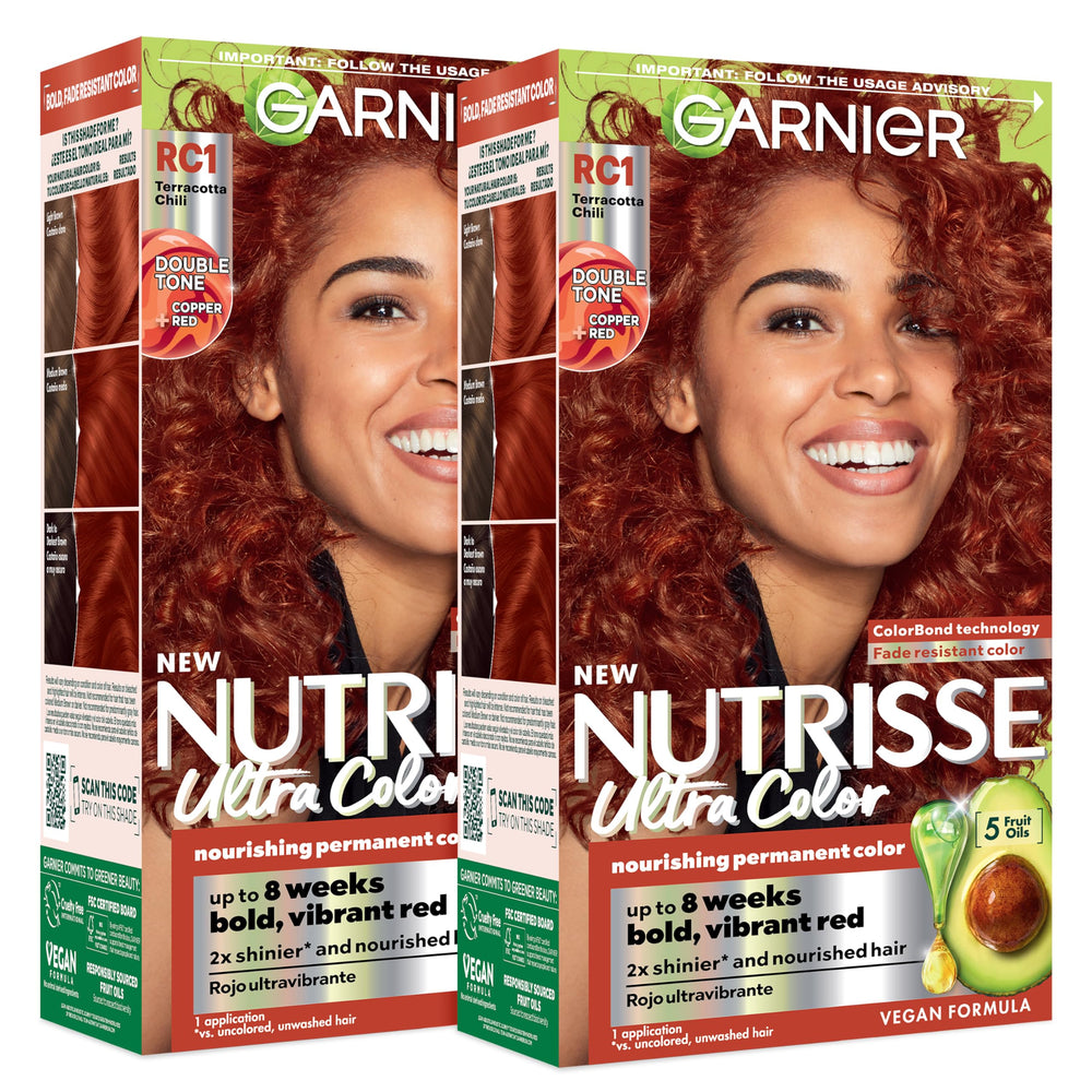Garnier front packaging showing RC1 copper-red and kit contents for clear choice