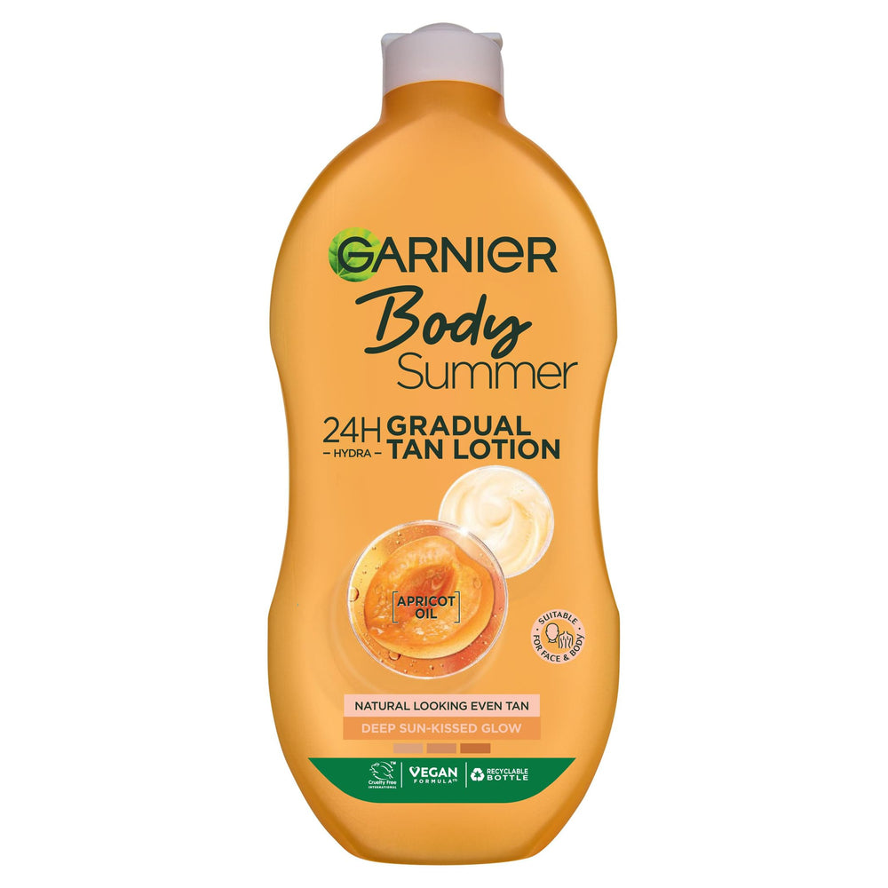 Garnier bottle front packaging showing 400ml and deep tan benefit