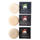G.B.S front packaging view showing three shaving soap bars and benefits