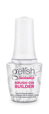 Gelish bottle front view showing clear builder gel and professional label for precise application