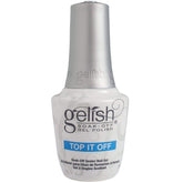 Gelish bottle front packaging showing brand and glossy top coat benefit