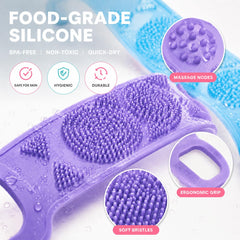 Generic back scrubber in shower use demonstrating reach and convenience for hard-to-reach areas