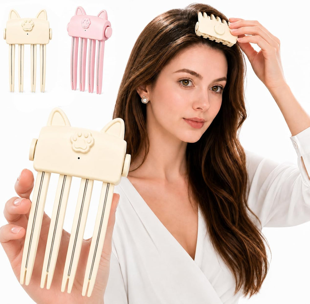 Generic heated root volumizer front view showing compact beige design and secure clip