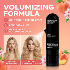Generic Peach Volumizing Setting Spray back label with ingredients and usage benefits