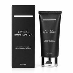 Generic brand front packaging of retinol body lotion highlighting fast absorption benefit
