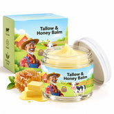 Generic tallow and honey front packaging shows container and calming aesthetic benefits