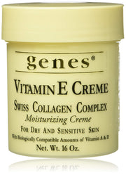Genes Vitamin E front packaging showing full 16 oz jar and clear label promoting hydration