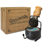 Gentleman Jon front view of kit showing mug, brush, soap and stand benefits organized storage