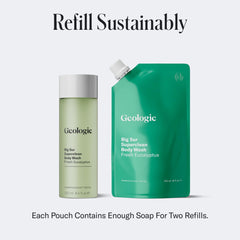 Geologie pouch being poured into bottle for easy refill and less waste