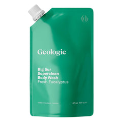 Geologie pouch front view showing label and eco-friendly refill benefit