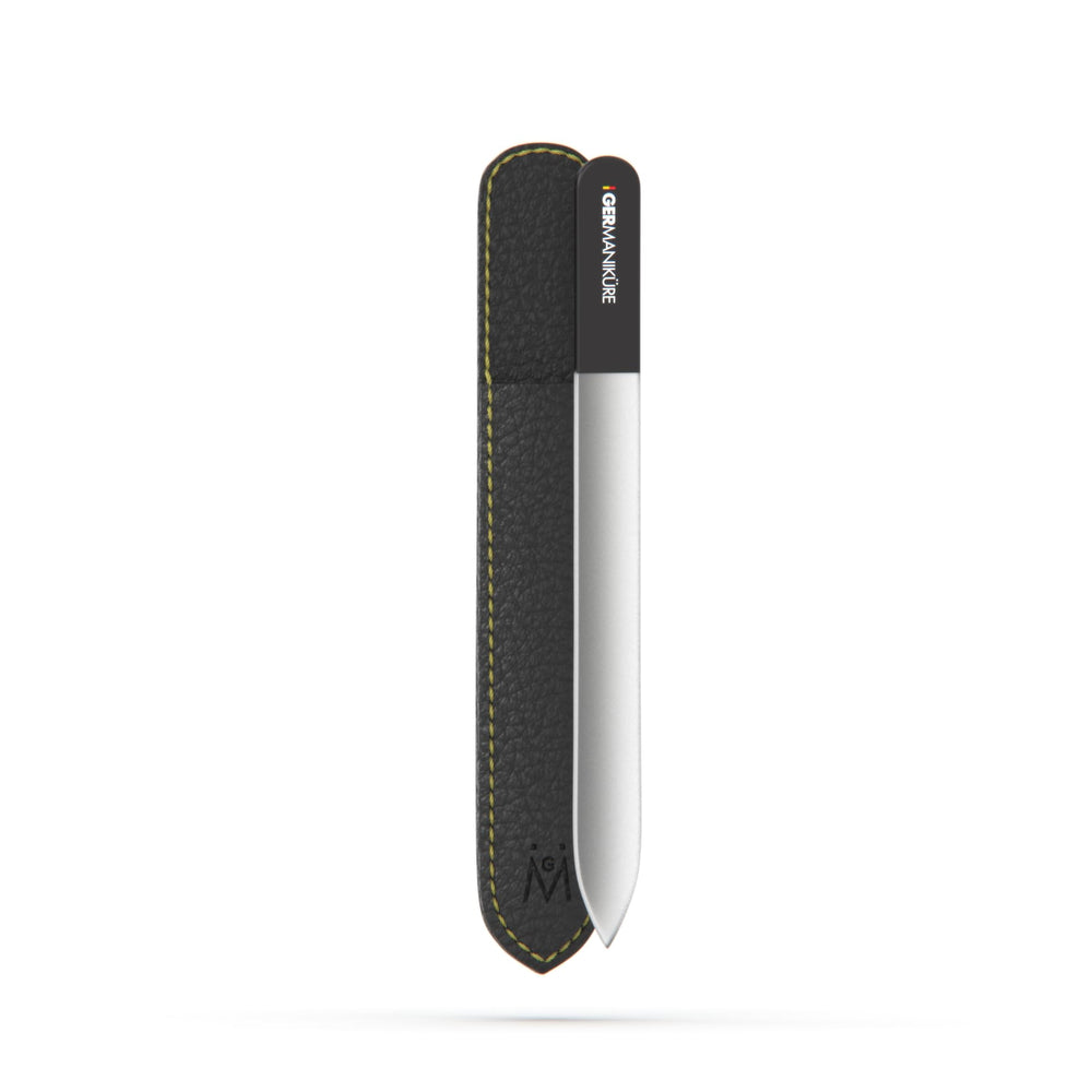 GERMANIKURE black glass nail file front view showing sleek design and precise shaping benefit