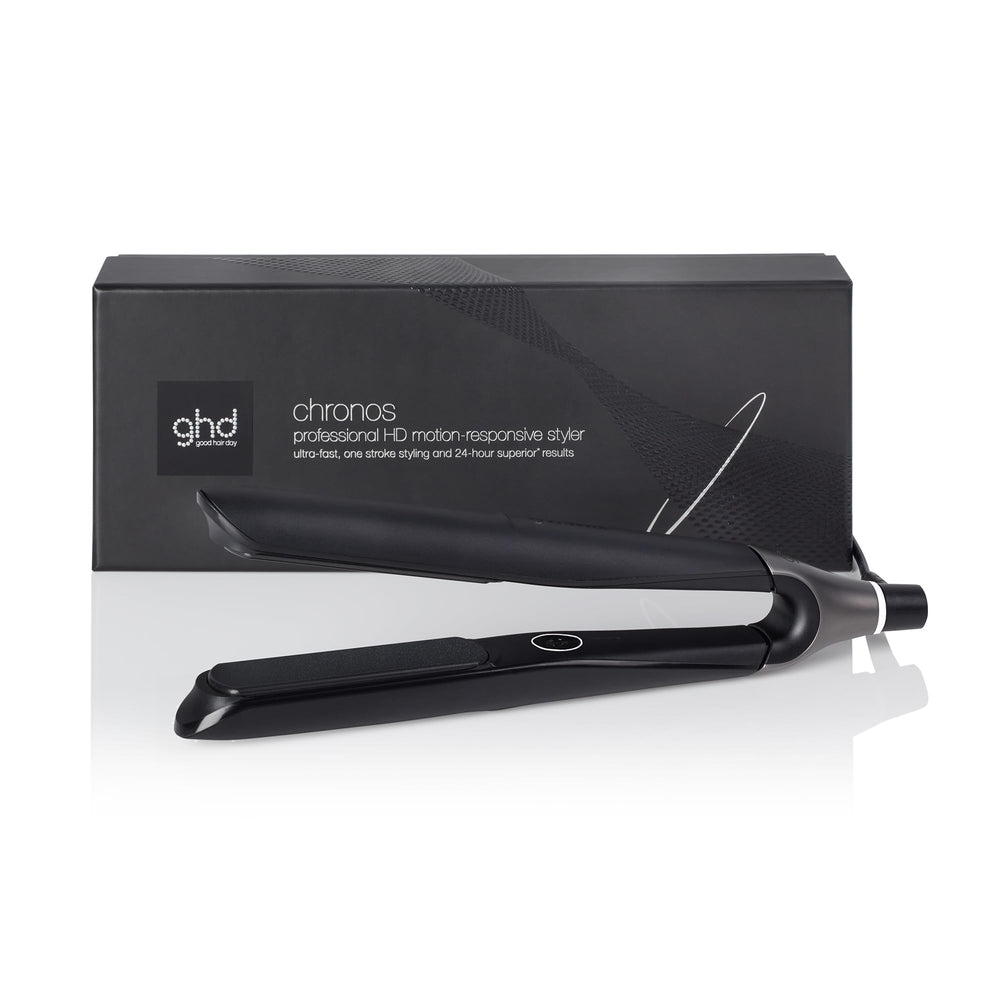 ghd Chronos front view in black showing sleek design and quick styling benefit