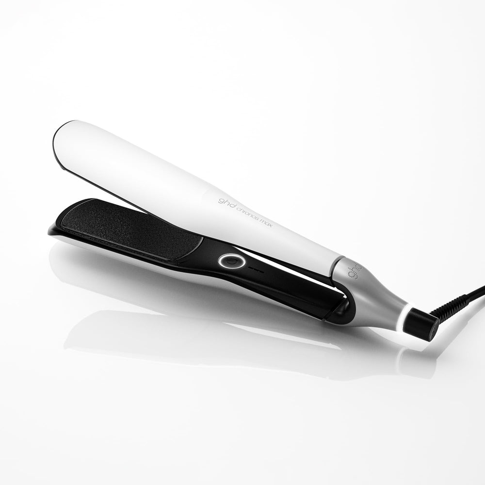 ghd Chronos front view in white showing sleek design and quick styling benefit