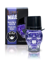 GIBS glass skull bottle front view showing collectible design and grooming benefits