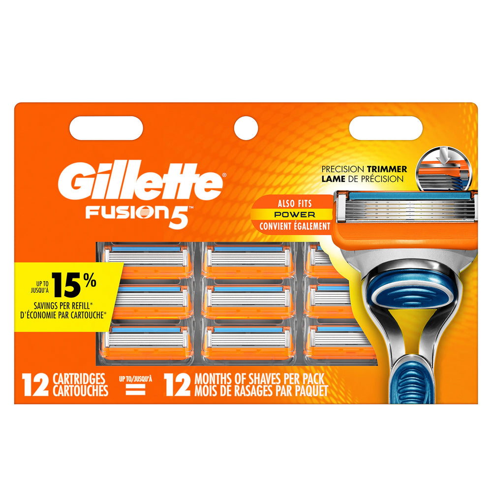 Gillette Fusion5 front packaging showing 12 cartridges and long-lasting supply benefit