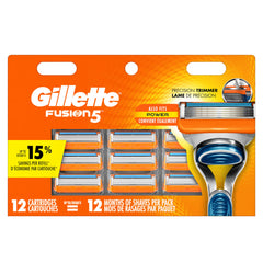 Gillette Fusion5 front packaging showing 12 cartridges and long-lasting supply benefit