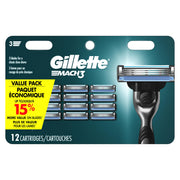 Gillette Mach3 front packaging showing 12-count refill pack for reliable supply