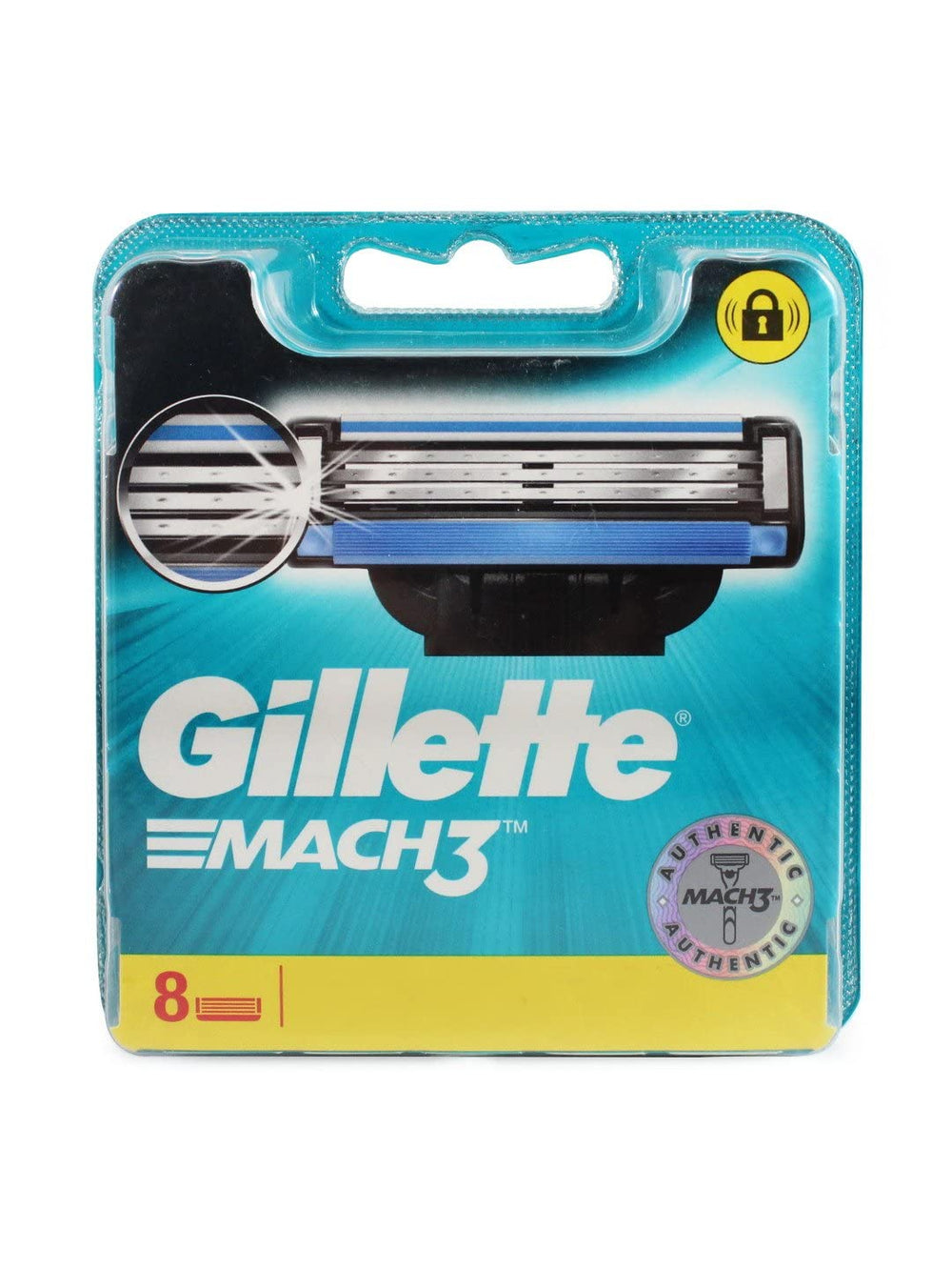Gillette Mach3 front packaging showing eight cartridges and clear value