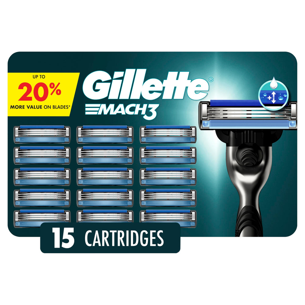 Gillette Mach3 front packaging showing 15 blade refills and value