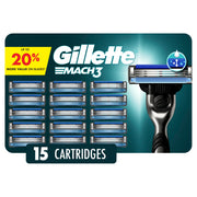 Gillette Mach3 front packaging showing 15 blade refills and value