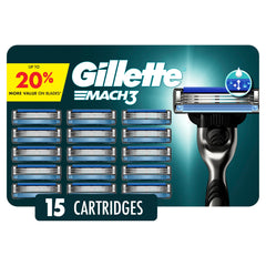 Gillette Mach3 front packaging showing 15 blade refills and value