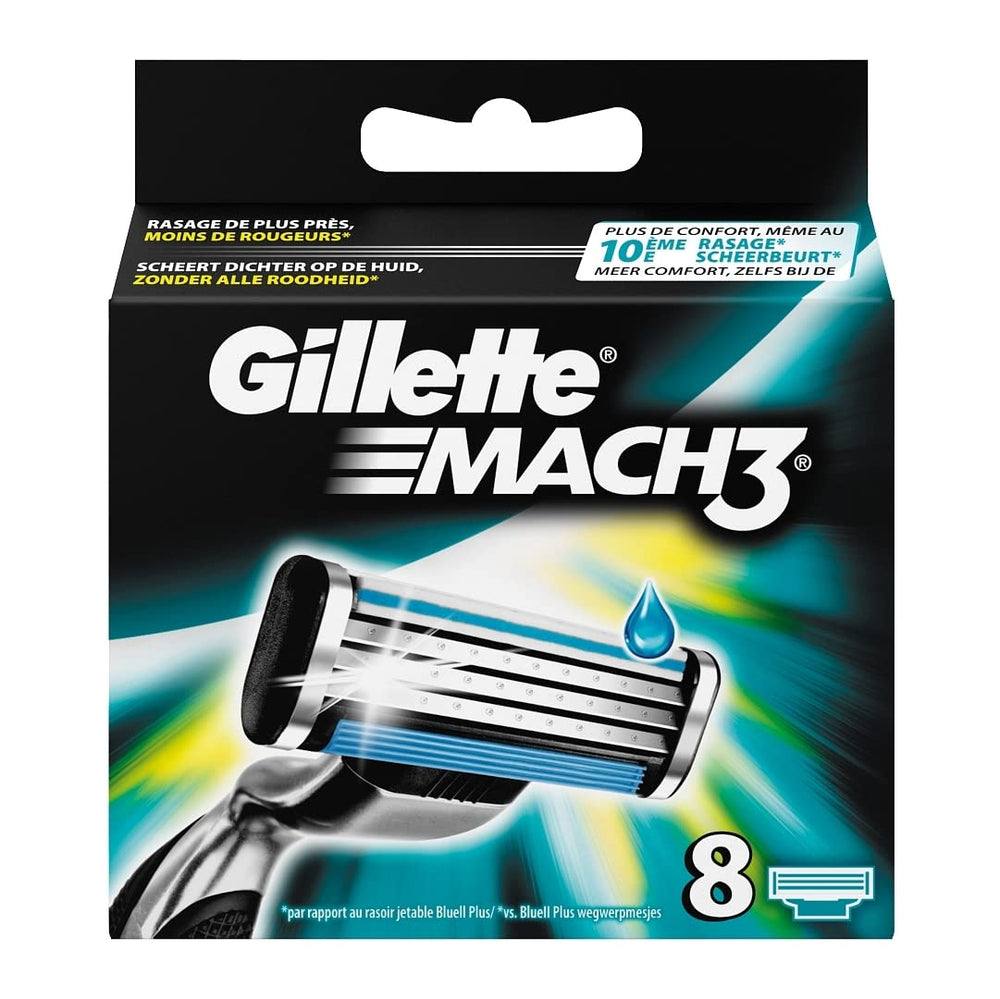 Gillette Mach3 front packaging showing 8 refills and convenience