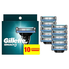 Gillette Mach3 front packaging showing ten refills and benefit of long supply