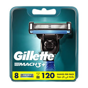 Gillette Mach3 front packaging showing pack of eight cartridges and long-lasting benefit