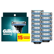 Gillette Mach3 front packaging showing 15 refill cartridges and value