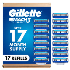 Gillette Mach3 Turbo front packaging showing pack benefits and count for easy stocking