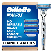 Gillette Mach3 Turbo front packaging showing included handle and four refills for easy purchase