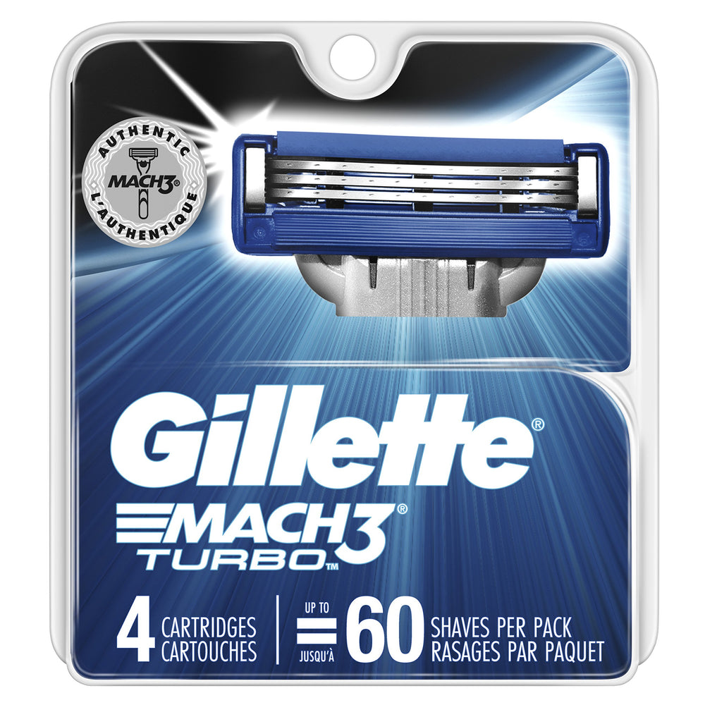 Gillette Mach3 Turbo front packaging showing four cartridges and clear labeling for convenience