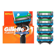 Gillette proglide front packaging showing four cartridge refills and brand benefit