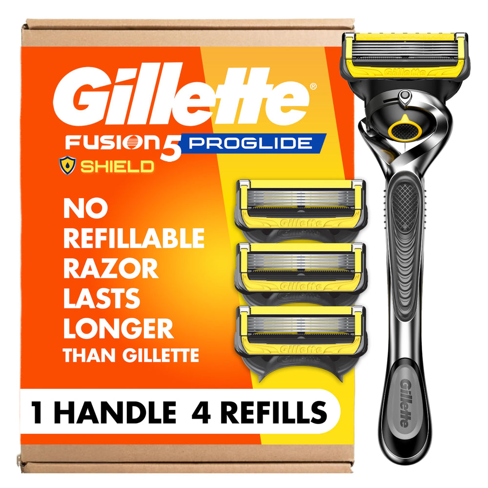 Gillette ProGlide Shield front packaging showing kit benefits for smoother shaves