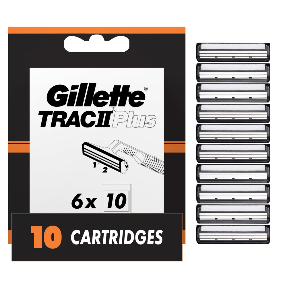 Gillette TRAC II Plus front pack showing ten refills and clear labeling for convenience