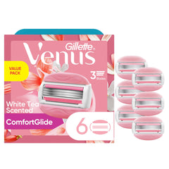 Gillette Venus front packaging showing six refill cartridges and benefits
