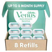Gillette Venus front packaging showing eight refill cartridges for convenience