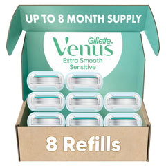 Gillette Venus front packaging showing eight refill cartridges for convenience