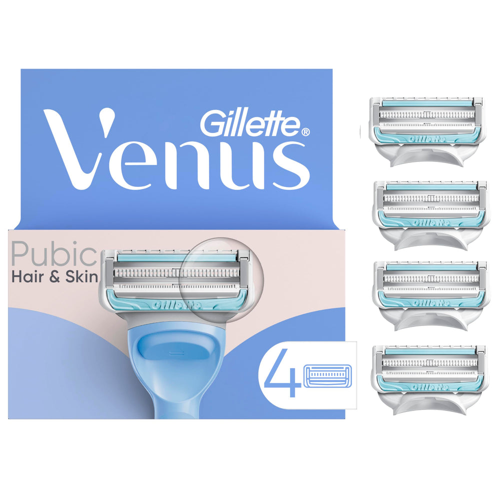 Gillette Venus front packaging showing four refill cartridges and benefits
