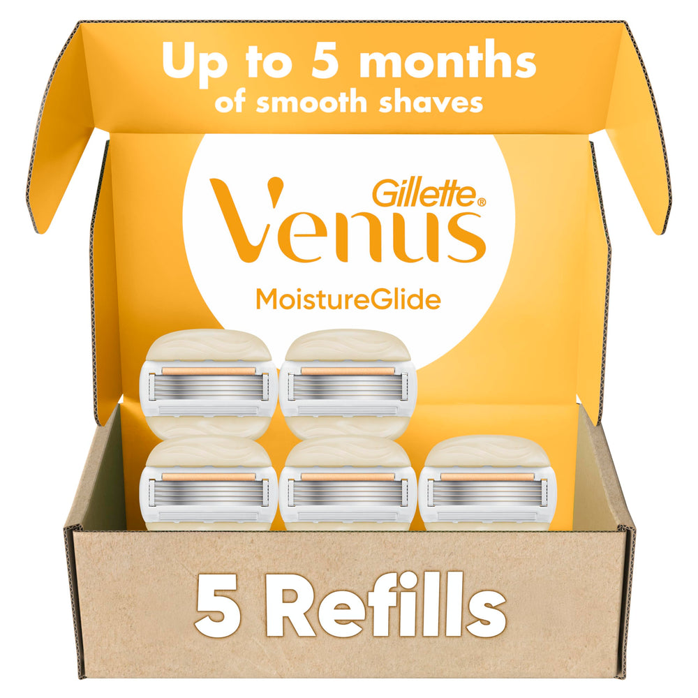 Gillette Venus front packaging showing five refill cartridges and benefits