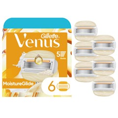 Gillette Venus front packaging showing six MoistureGlide refills and benefits