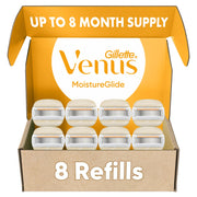Gillette Venus front packaging showing eight refill cartridges and clear branding for convenience