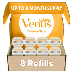 Gillette Venus front packaging showing eight refill cartridges and clear branding for convenience