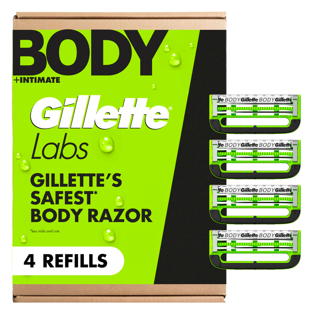GilletteLabs front packaging showing four refill cartridges and clear benefit
